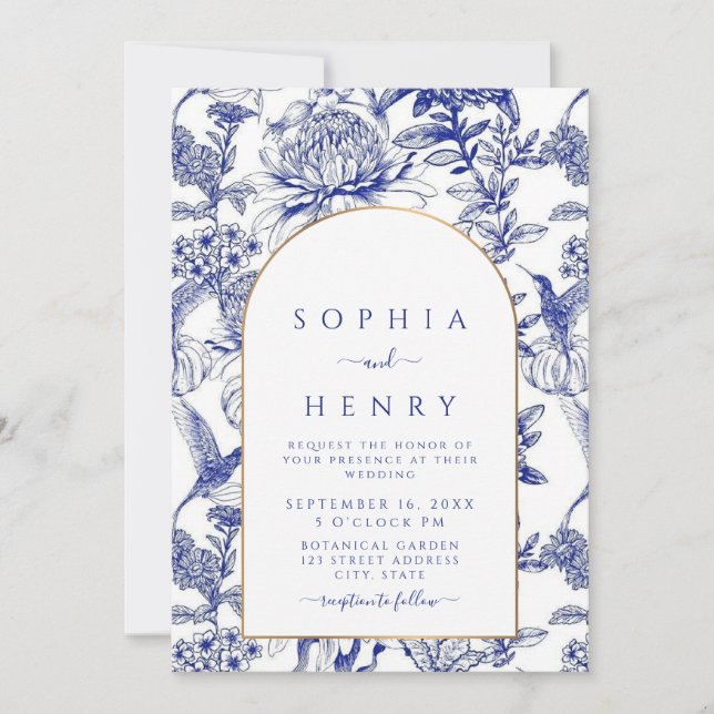 Blue Peony Chinoiserie Victorian Floral wedding  Invitation (Front)