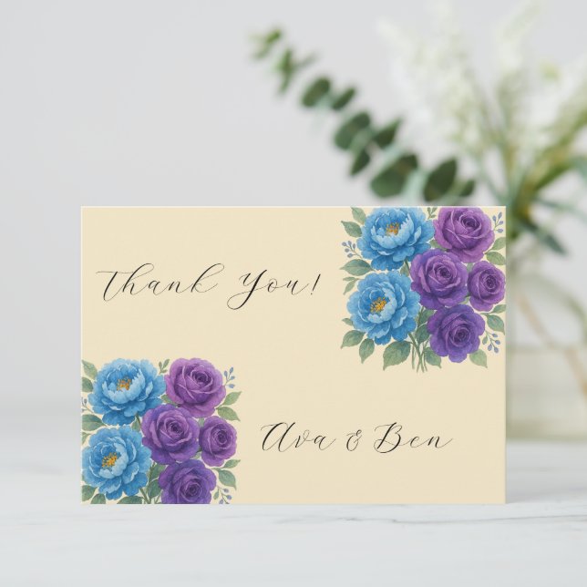 Blue Peony & Fig Purple Rose Bridal Shower Thank You Card (Standing Front)