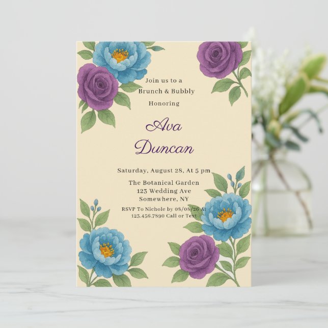 Blue Peony & Fig Purple Rose Brunch & Bubbly Invitation (Standing Front)