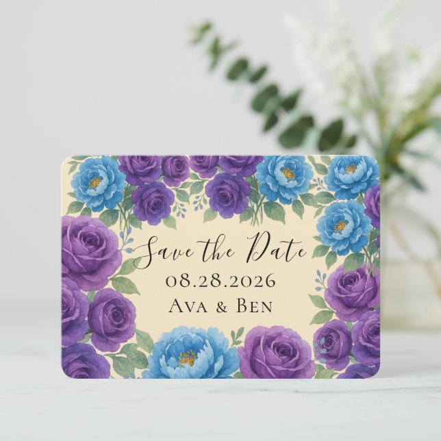 Blue Peony & Fig Purple Rose Save The Date Cards (Standing Front)