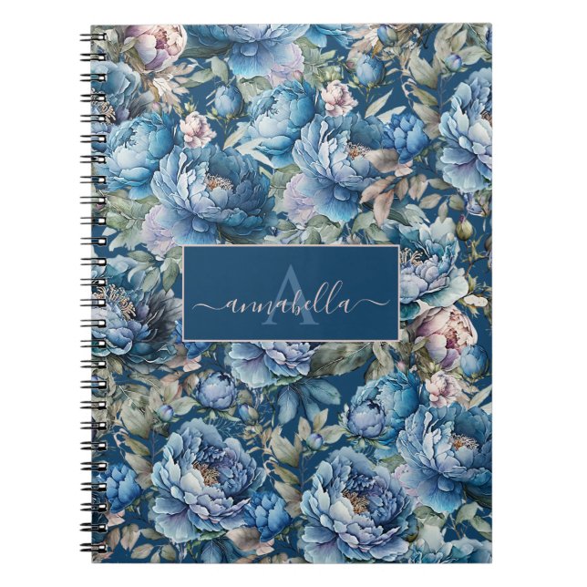 Blue peony floral Monogram name Notebook (Front)
