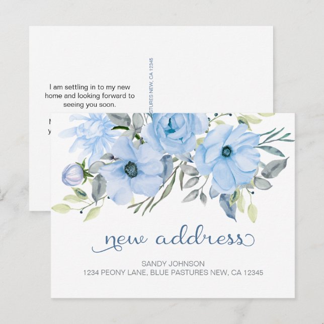 Blue Peony Floral My New Address Announcement Postcard (Front/Back)