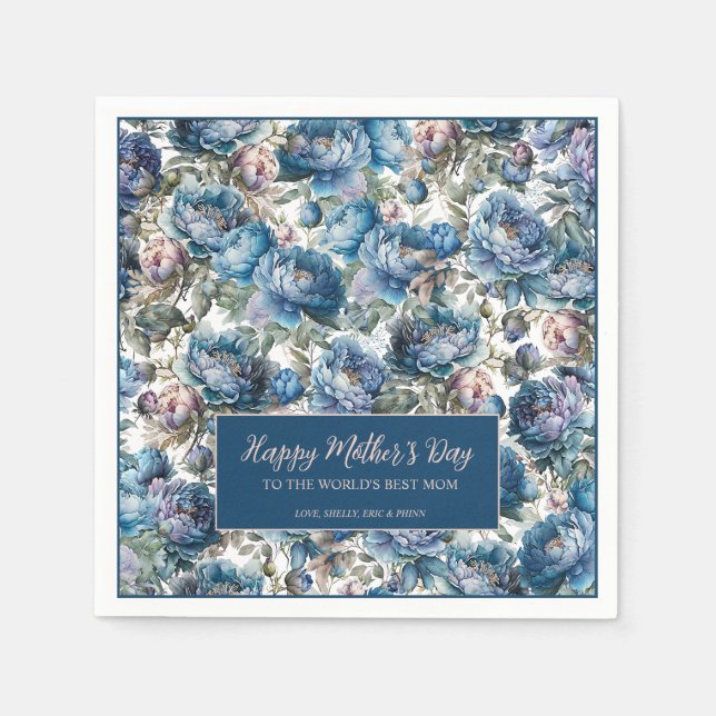 Blue peony floral pattern Happy Mother's Day Napkin (Front)