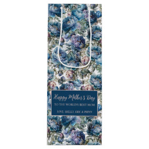 Blue peony floral pattern Happy Mother's Day Wine Gift Bag
