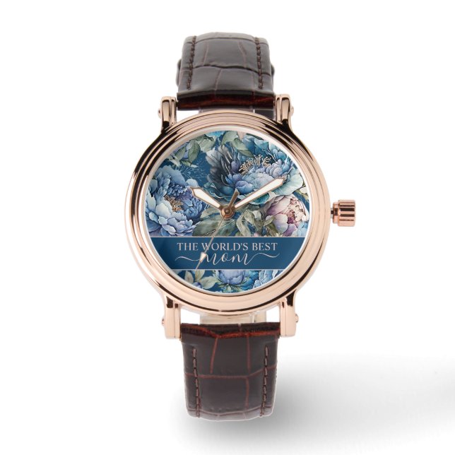 Blue peony floral pattern World's best mum Mother Watch (Front)