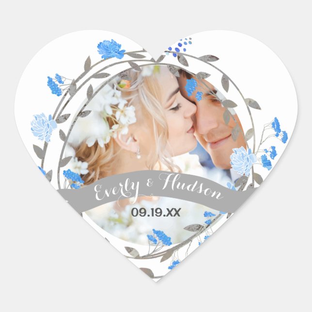Blue Peony Floral Wreath Wedding Heart Sticker (Front)