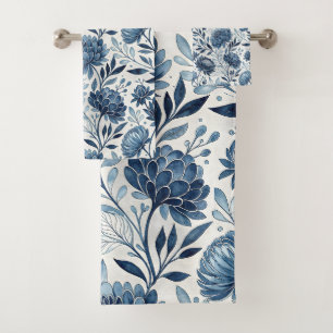 Blue Peony Garden Watercolor Bath Towel Set