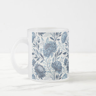 Blue Peony Garden Watercolor Frosted Glass Coffee Mug