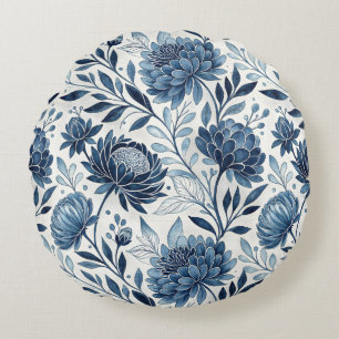 Blue Peony Garden Watercolor Round Cushion