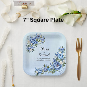 Blue Peony on Blue 7" Square Paper Plate