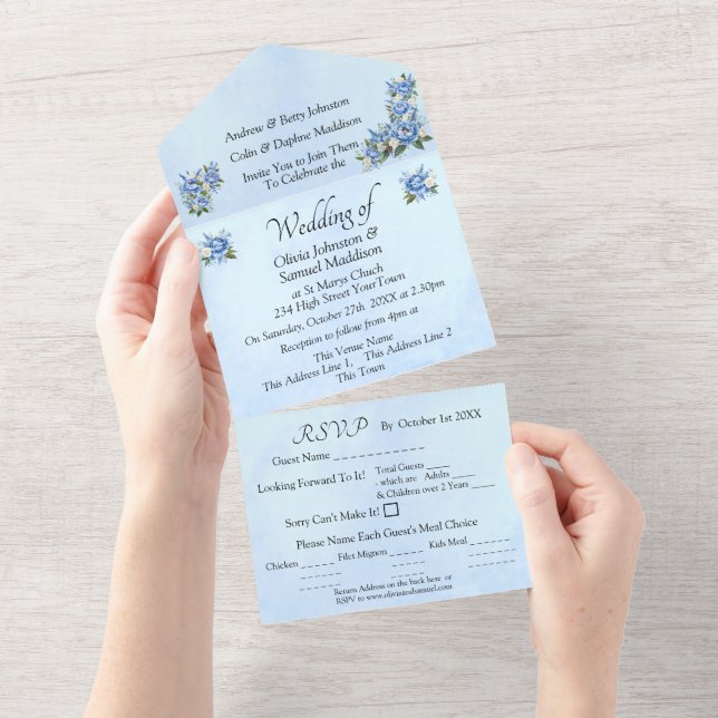 Blue Peony on Blue  All In One Invitation (Tearaway)