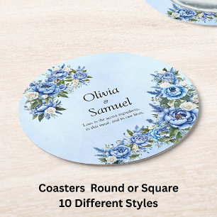 Blue Peony on Blue Round Paper Coaster