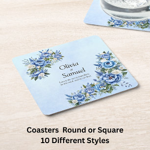 Blue Peony on Blue Square Paper Coaster