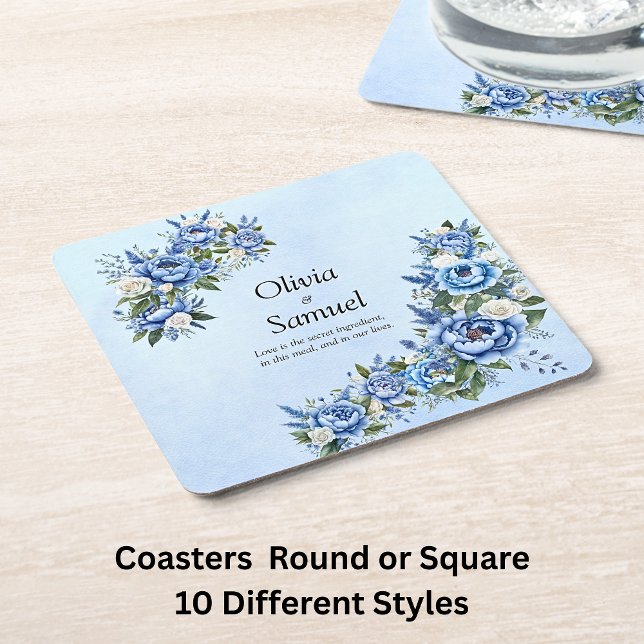 Blue Peony on Blue  Square Paper Coaster (Creator Uploaded)
