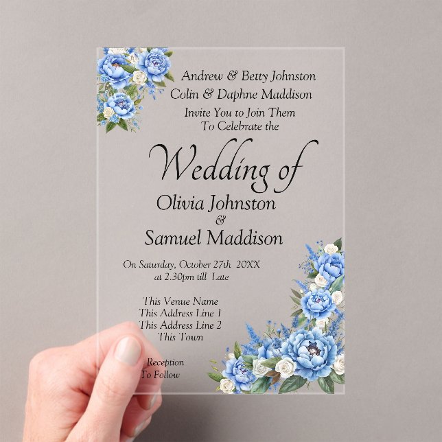 Blue Peony on Blue Wedding Suite  Acrylic Invitations (Insitu (Handheld))