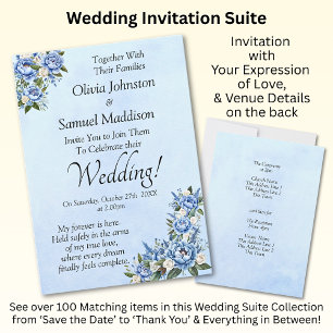 Blue Peony on Blue Wedding Suite Invitation 