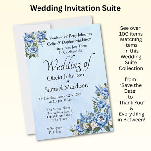 Blue Peony on Blue Wedding Suite Invitation #A