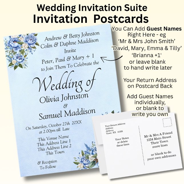 Blue Peony on Blue Wedding Suite Invitation  Postcard (Creator Uploaded)