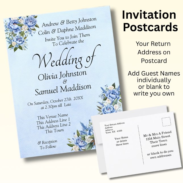 Blue Peony on Blue Wedding Suite Invitation  Postcard (Creator Uploaded)