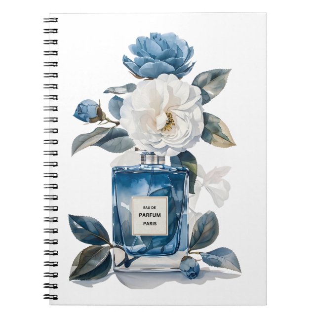 Blue Perfume Bottle Watercolor Floral Notebook (Front)