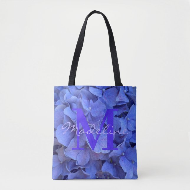 Blue periwinkle elegant floral hydrangeas monogram tote bag (Front)
