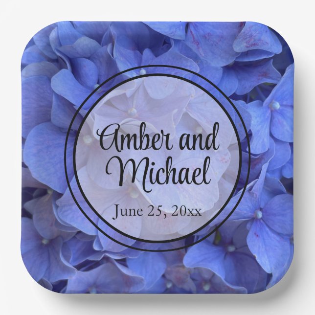 Blue periwinkle elegant floral hydrangeas  paper plate (Front)