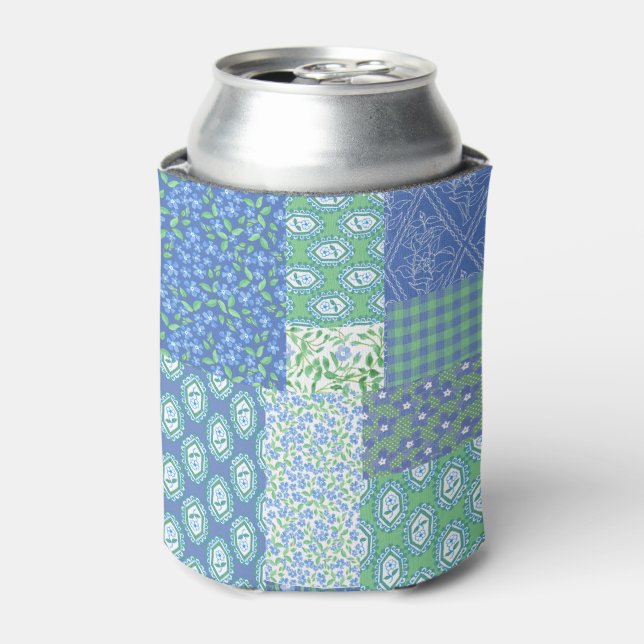 Blue Periwinkle Floral Boho Faux Patchwork Pattern Can Cooler (Can Front)