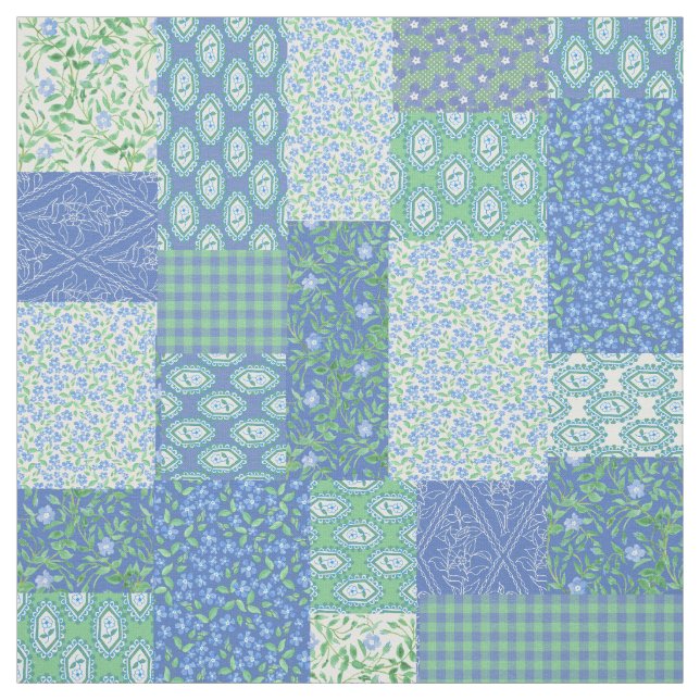 Blue Periwinkle Floral Boho Faux Patchwork Pattern Fabric (Swatch)