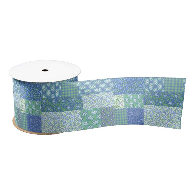 Blue Periwinkle Floral Boho Faux Patchwork Pattern Satin Ribbon (Spool)