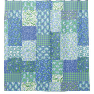 Blue Periwinkle Floral Boho Faux Patchwork Pattern Shower Curtain
