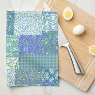 Blue Periwinkle Floral Boho Faux Patchwork Pattern Tea Towel