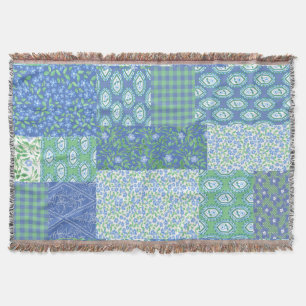 Blue Periwinkle Floral Boho Faux Patchwork Pattern Throw Blanket