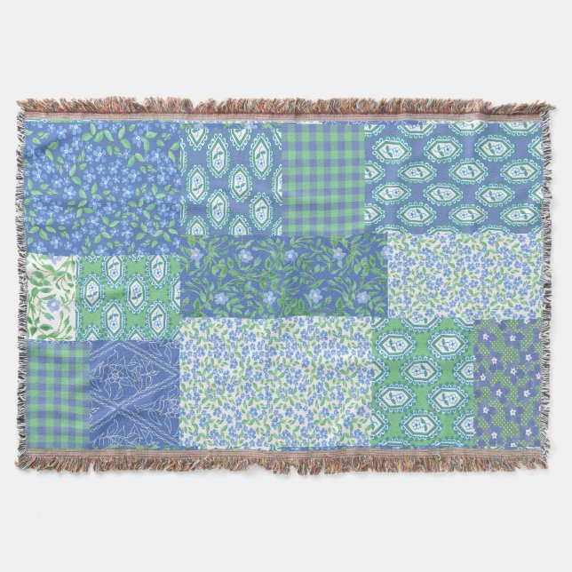 Blue Periwinkle Floral Boho Faux Patchwork Pattern Throw Blanket (Front)