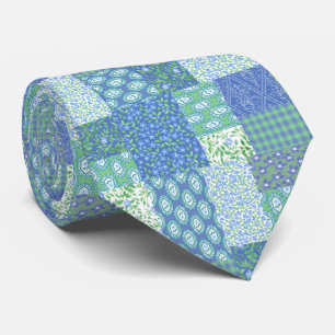 Blue Periwinkle Floral Boho Faux Patchwork Pattern Tie