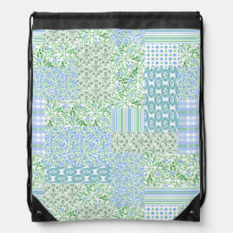 Blue Periwinkle Flowers Vintage Faux Patchwork Drawstring Bag