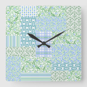 Blue Periwinkle Flowers Vintage Faux Patchwork Square Wall Clock
