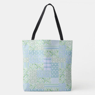 Blue Periwinkle Flowers Vintage Faux Patchwork Tote Bag