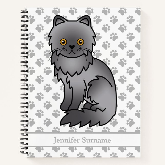 Blue Persian Cute Cartoon Cat & Custom Text Notebook (Front)