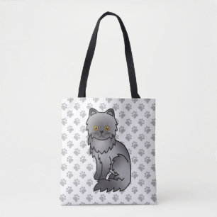 Blue Persian Cute Cartoon Cat & Paws Tote Bag