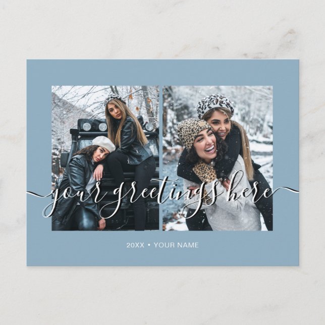 Blue Personalised 2 photos Universal Greetings Postcard (Front)