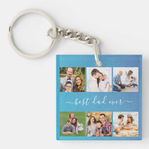 Blue Personalised 6 Photo and text, best dad ever Key Ring