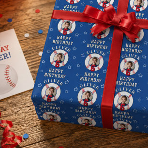 Blue Personalised Baseball Ball Birthday Photo Wrapping Paper