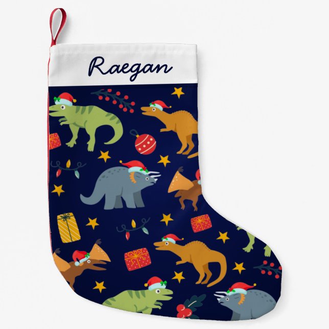 Blue Personalised Cute Dinosaur Christmas Pattern Small Christmas Stocking (Front)