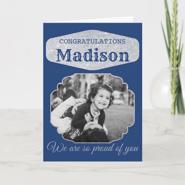 Blue Personalised Glitter Graduation Card (Front)