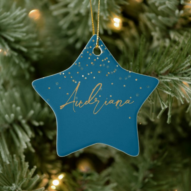 Blue Personalised Gold Name Glitter Sparkle Dots Ceramic Tree Decoration (Tree)