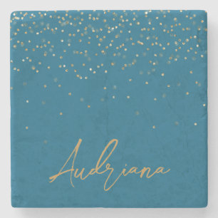 Blue Personalised Gold Name Glitter Sparkle Dots Stone Coaster