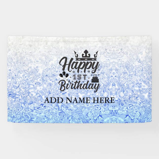 Blue Personalised "Happy First Birthday" Banner (Horizontal)