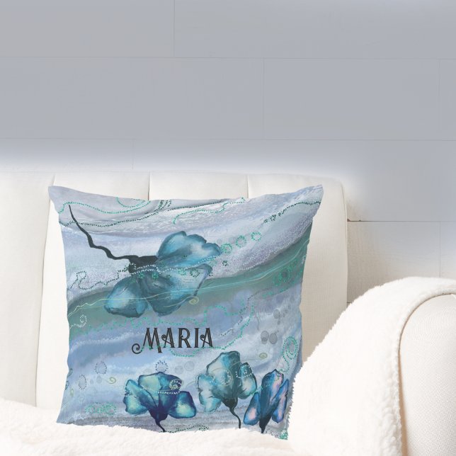 Blue Personalised Marble Flower Pillow (Blue Personalized Marble Flower Pillow)