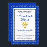 Blue Personalised Menorah HANUKKAH Party Invitation<br><div class="desc">Stylish blue Hanukkah party invitation with Star of David pattern plus menorah at the centre. The reverse says HAPPY HANUKKAH in a subtle tiled pattern. Placeholder text (on the front) is customisable, so you can add your name and details. Matching stationery and gifts are available in the HANUKKAH Collection by...</div>