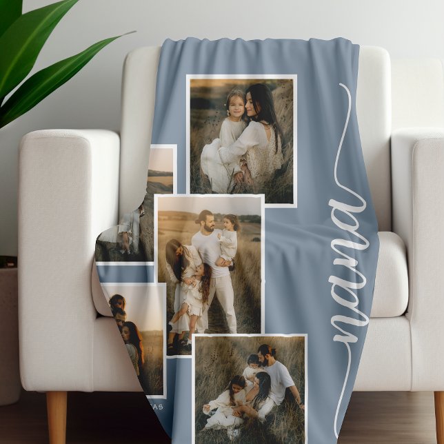Blue Personalised Nana Grandkid 5 Photo Collage  Fleece Blanket (Creator Uploaded)